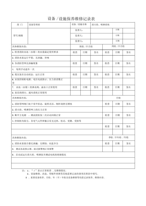 设备设施保养维修记录表(消防泵房)