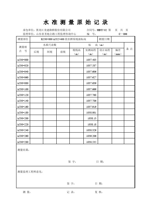 水准测量原始记录表(农耕标高)