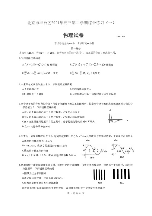 北京市丰台区2021届高三年级下学期综合练习(一)  物理试卷(含答案)