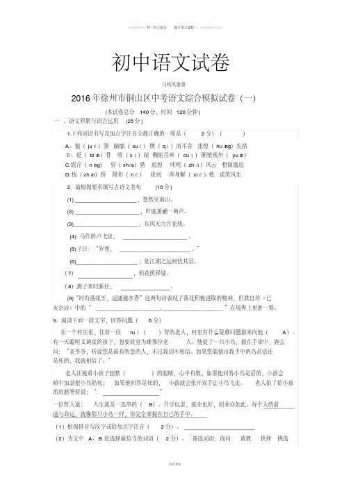 中考专题徐州市铜山区语文综合模拟试卷(一)