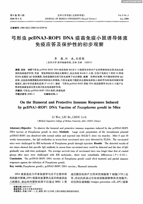 弓形虫pcDNA3-ROP1 DNA疫苗免疫小鼠诱导体液免疫应答及保护性的初步观察