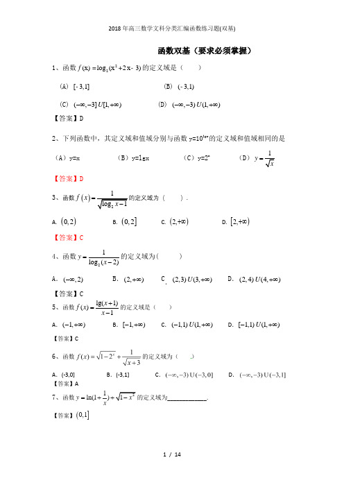 高三数学文科分类汇编函数练习题(双基)