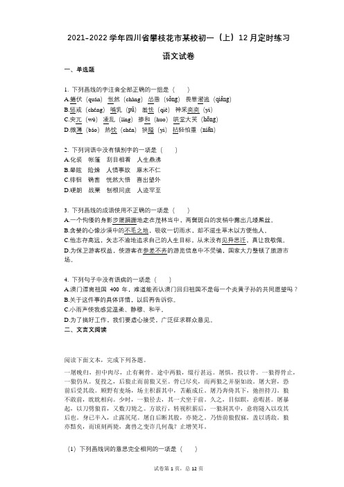 2021-2022学年-有答案-四川省攀枝花市某校初一(上)12月定时练习语文试卷