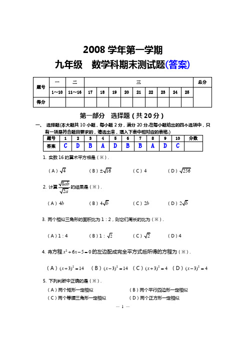 2008学年度上学期期末测试九年级数学试题答案与评分参考(2009-01-08)[1]