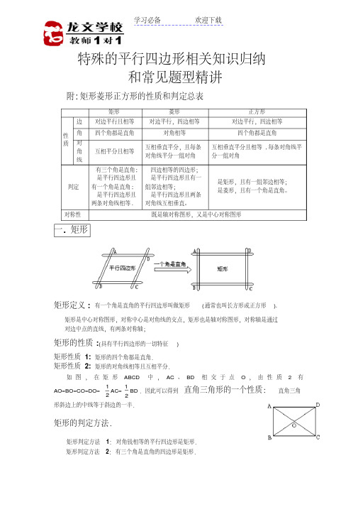 人教八年级数学特殊平行四边形相关知识归纳总结与例题精讲