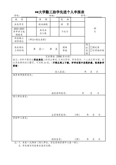 大学勤工助学先进个人申报表