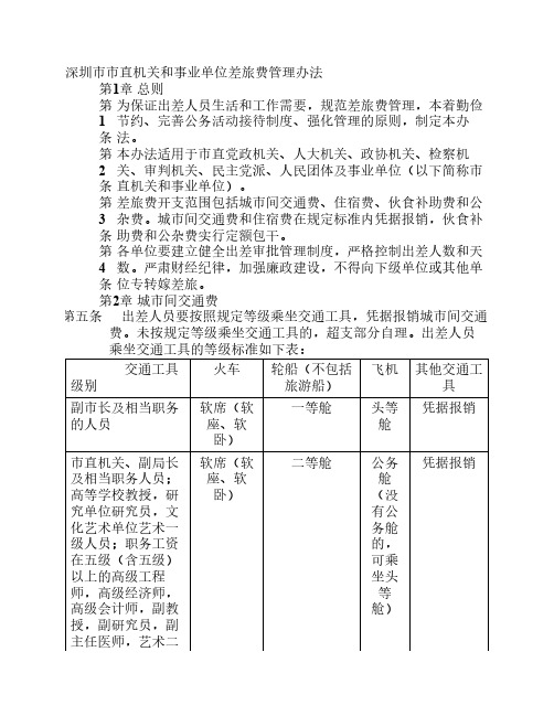 深圳市市直机关和事业单位差旅费管理办法