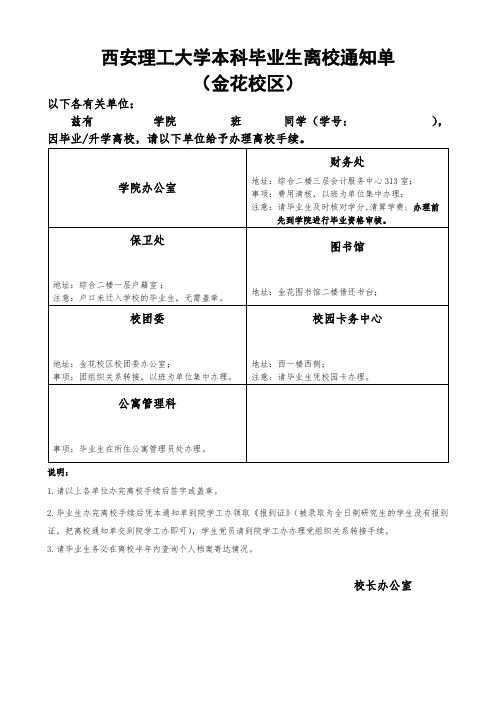 西安理工大学本科毕业生离校通知单(金花校区)