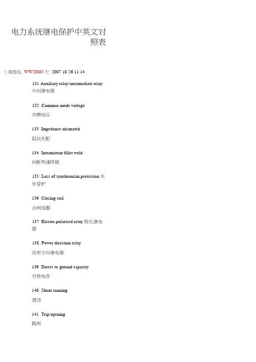 电力系统继电保护中英文对照表