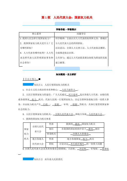 高中政治 第三单元 发展社会主义民主政治 第六课 第1框 人民代表大会：国家权力机关学案 新人教版必