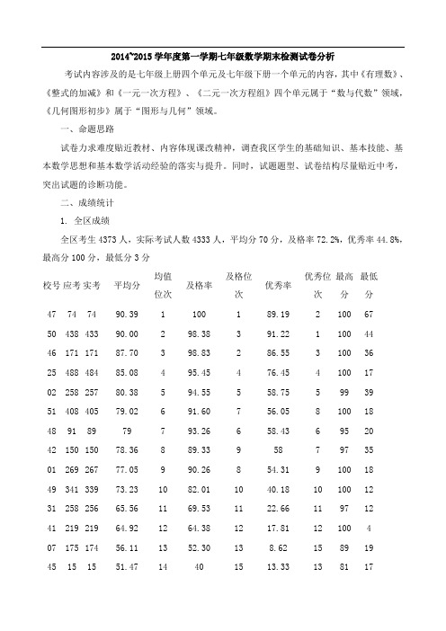 2014~2015学年度第一学期七年级数学期末检测试卷分析