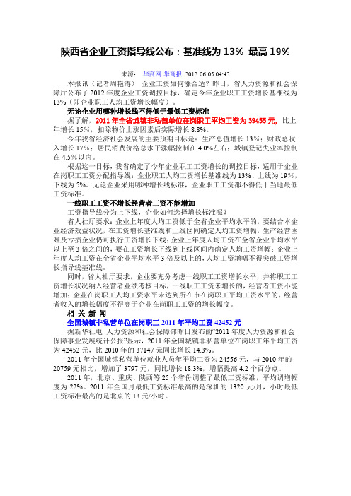 陕西省企业工资指导线公布：基准线为13% 最高19%(2012年)