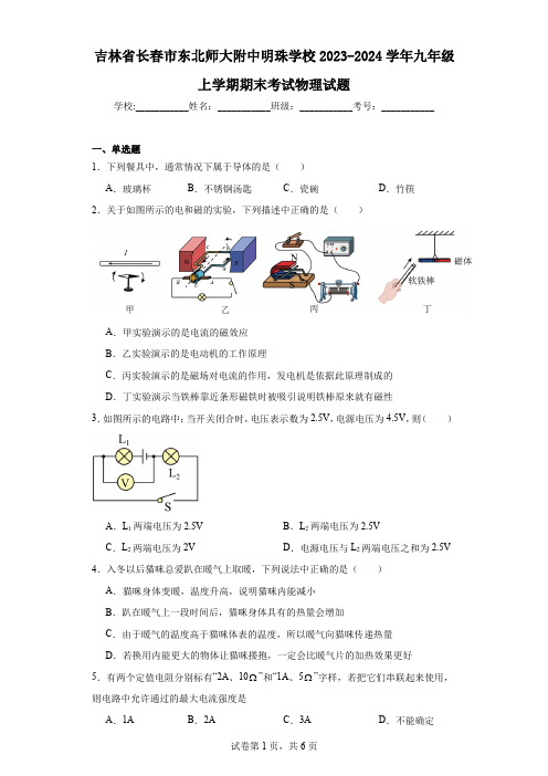 吉林省长春市东北师大附中明珠学校2023-2024学年九年级上学期期末考试物理试题