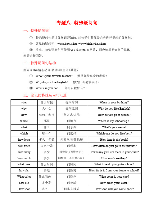 特殊疑问句讲义2024-2025学年人教版英语七年级上册