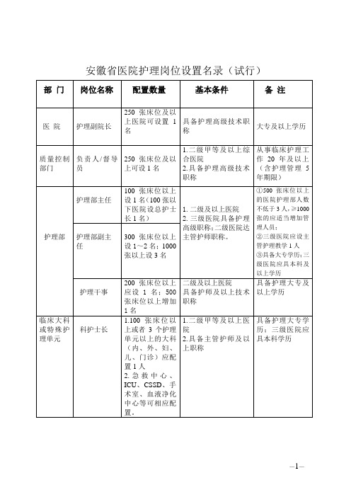 (完整word版)安徽省医院护理岗位设置名录