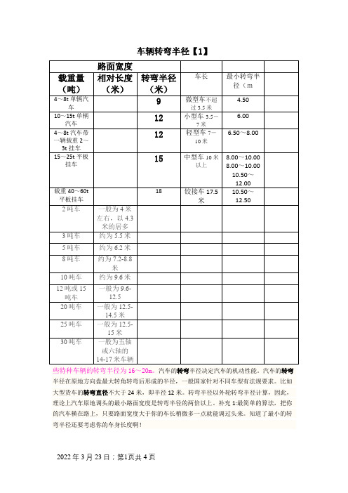 车辆转弯半径表及计算方法