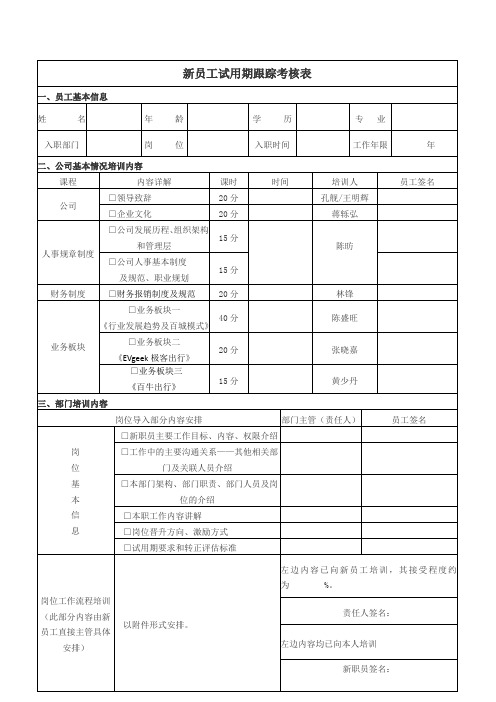 新员工试用期跟踪考核表