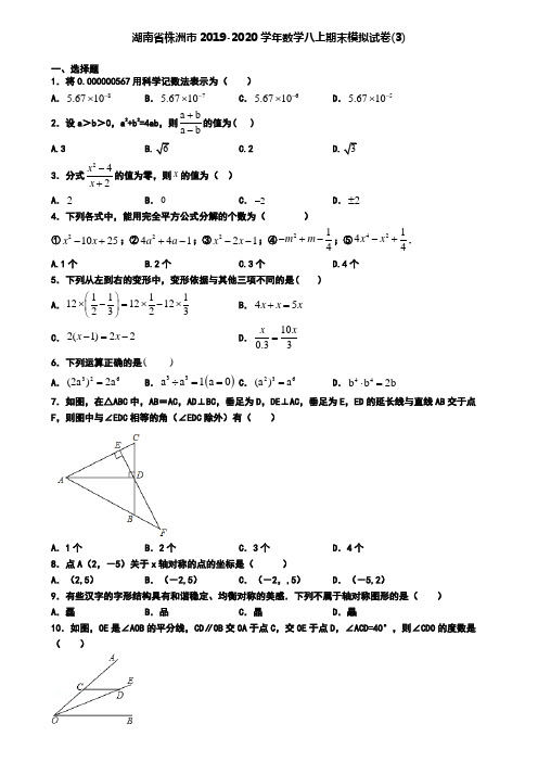 湖南省株洲市2019-2020学年数学八上期末模拟试卷(3)