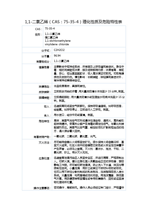 1,1-二氯乙烯(CAS：75-35-4)理化性质及危险特性表