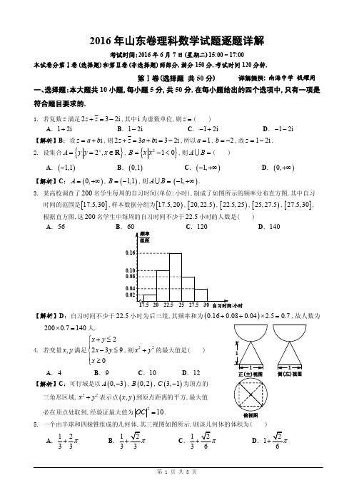 [山东卷]2016年山东卷理科数学(全解析)