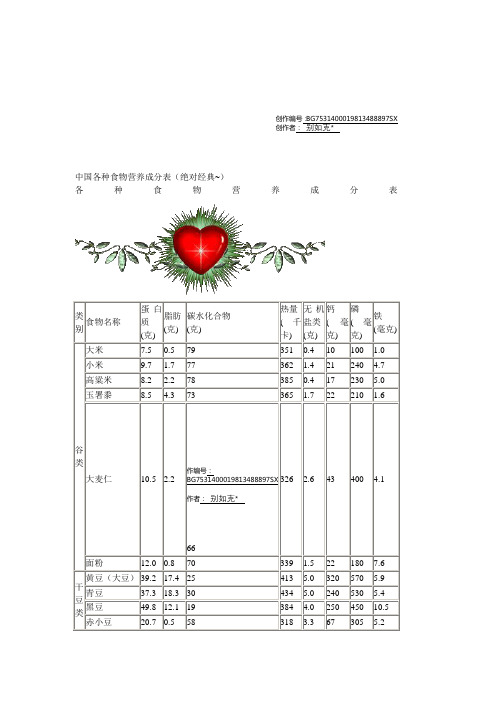 中国各种常见食物营养成分表