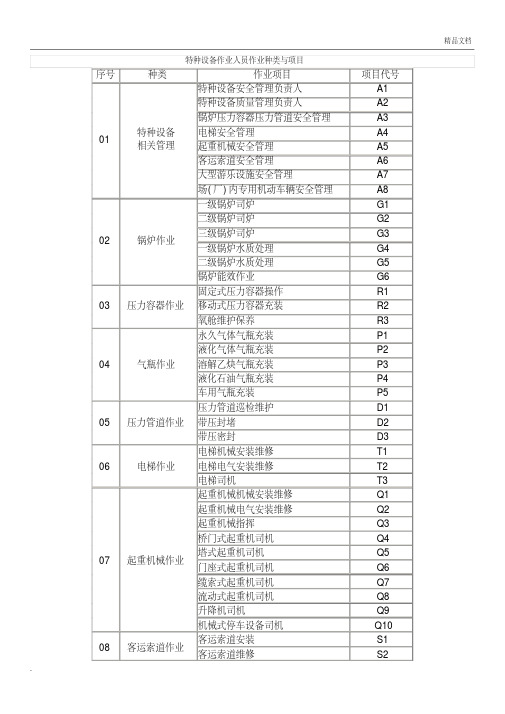 特种设备作业人员作业种类与项目