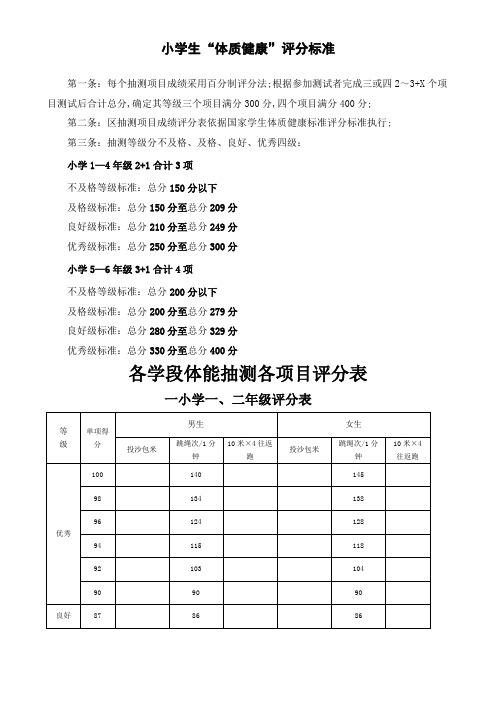 小学生体质健康测试评分标准