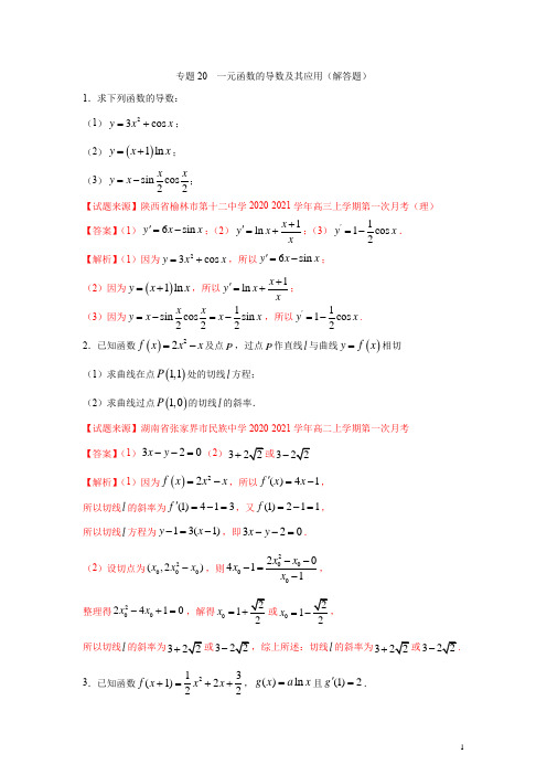 专题20 一元函数的导数及其应用(解答题)(11月)(人教A版2021)(解析版)