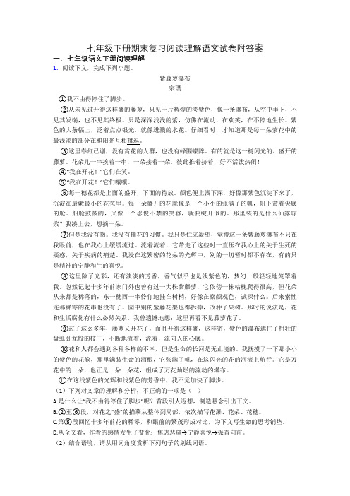 七年级下册期末复习阅读理解语文试卷附答案