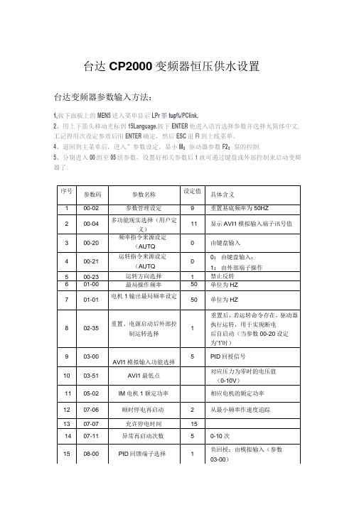 台达CP2000变频器恒压供水参数设置