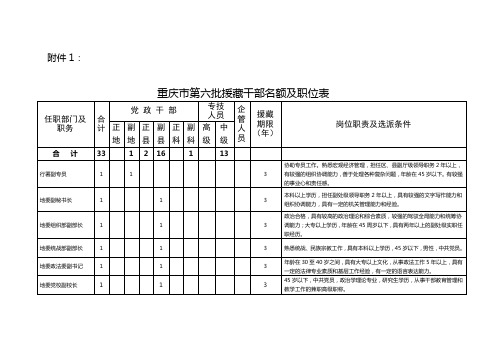 重庆市第六批援藏干部名额及职位表