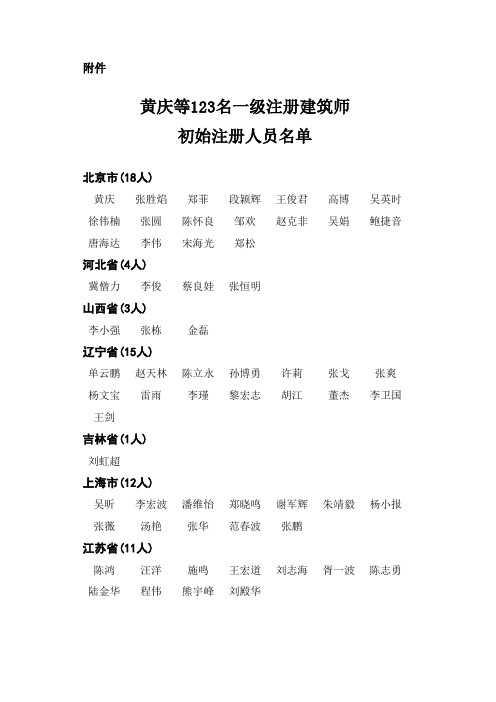 黄庆等123名一级注册建筑师初始注册人员名单
