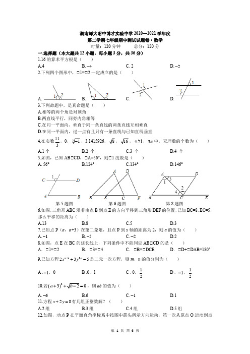 湖南省长沙市师大附中博才实验中学2020-2021学年七年级下学期期中考试数学试卷