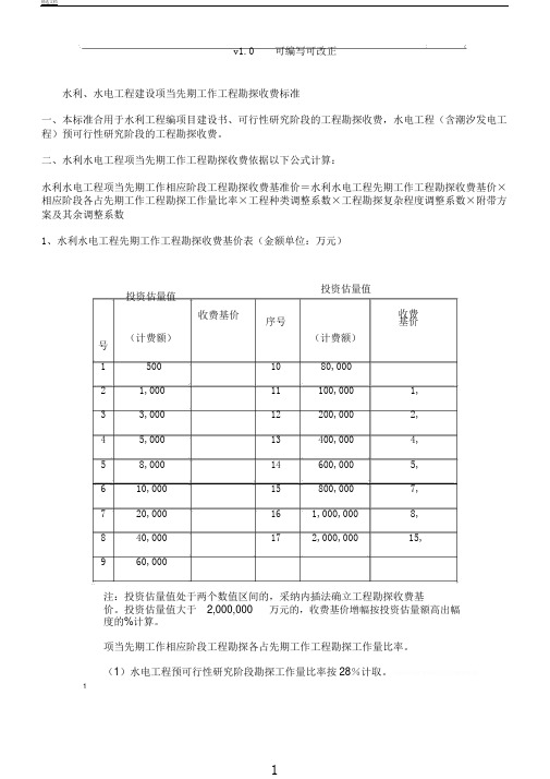 水利水电设计费取费标准