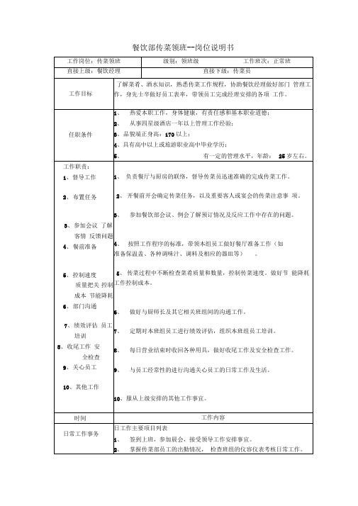 传菜部领班岗位职责