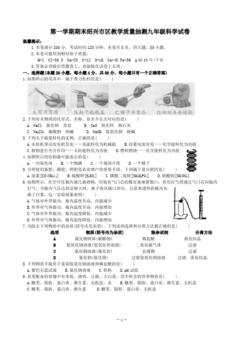 第一学期期末绍兴市区教学质量抽测九年级科学试卷