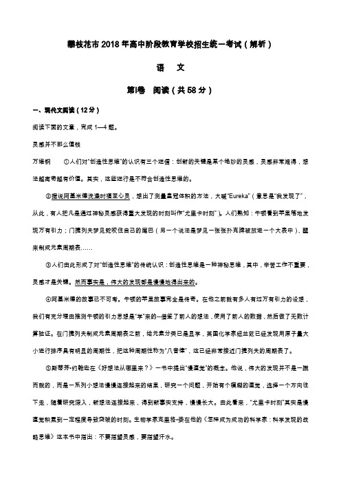 四川省攀枝花市2018年中考语文试题(Word版,含解析)