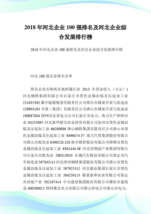 河北企业100强排名及河北企业综合发展排行榜.doc