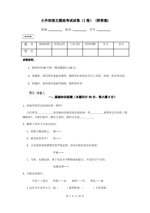 小升初语文摸底考试试卷(I卷) (附答案)