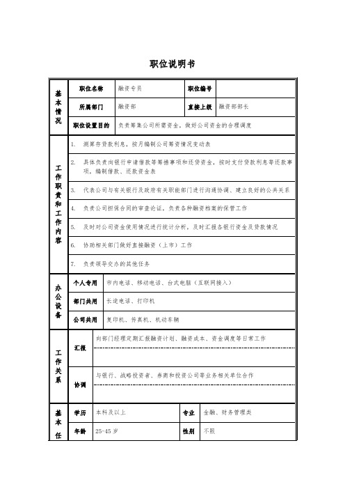 融资部-融资专员-职位说明书