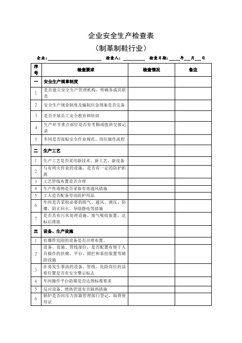 制革制鞋行业安全生产检查表