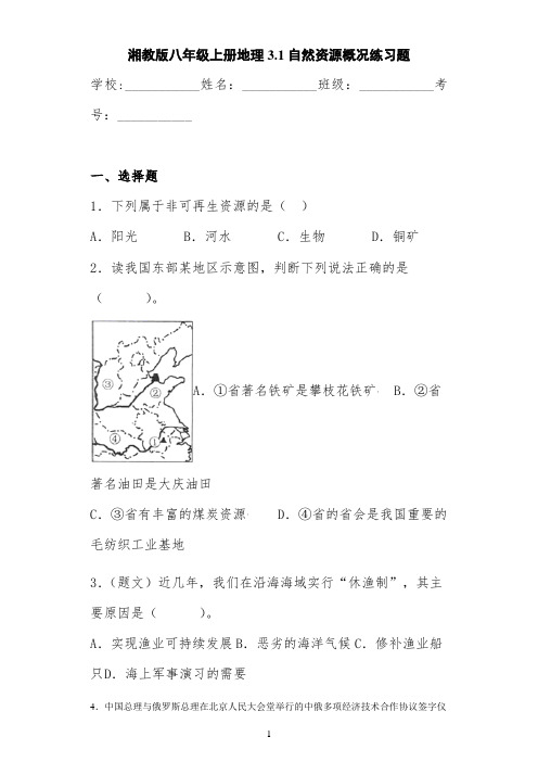 湘教版八年级上册地理3.1自然资源概况练习题