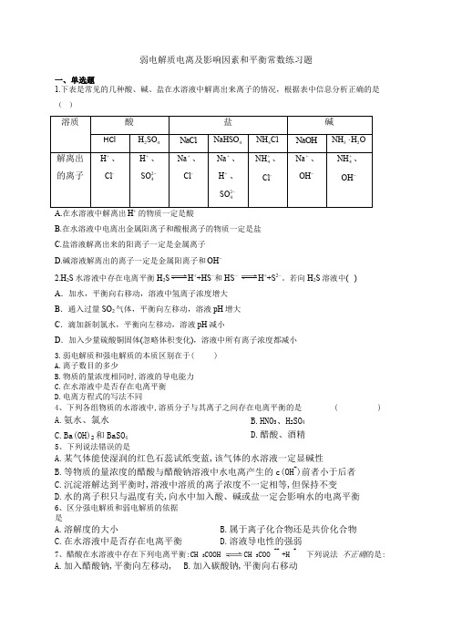 弱电解质电离及影响因素和平衡常数练习题(附答案) (1)