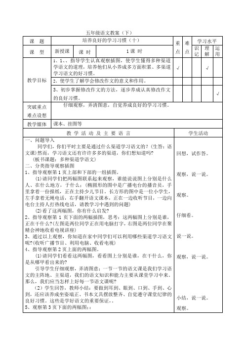 【最新苏教版语文教案】苏教版五年级下册《养成良好的学习习惯 10》教学设计3.doc