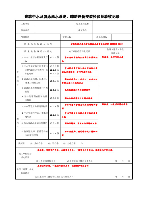 建筑中水及游泳池水系统、辅助设备安装检验批验收记录