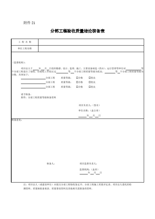 水利分部工程验收质量结论核备表