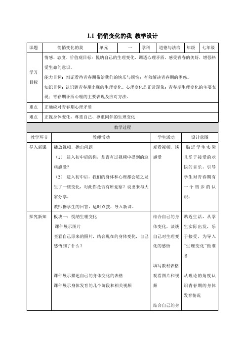 1.1 悄悄变化的我(教学设计)-优质备课丨2019-2020学年七年级道德与法治下册同步教学(部编版)