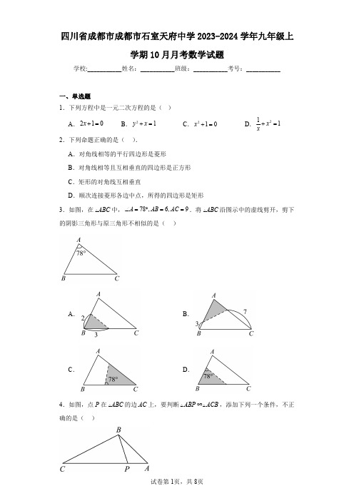 四川省成都市成都市石室天府中学2023-2024学年九年级上学期10月月考数学试题