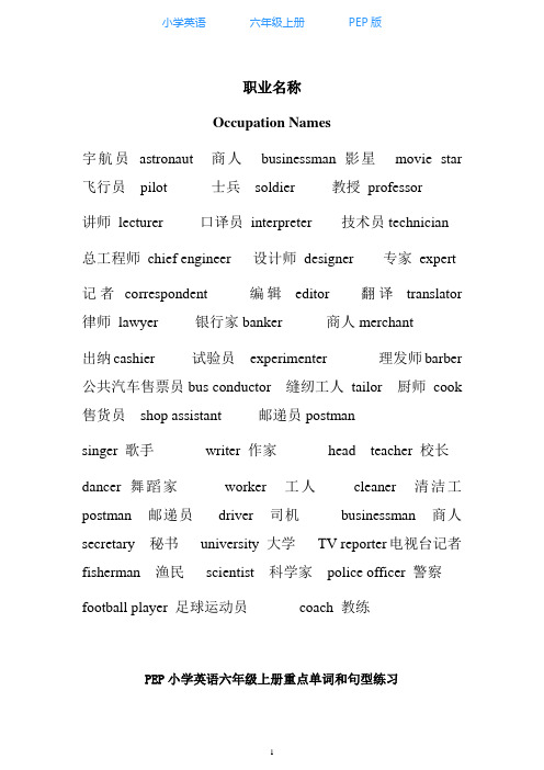 人教PEP版小学英语六年级上册常见职业名称