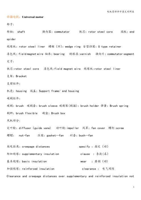 电机零部件中英文对照表